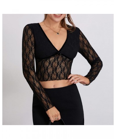 Women's Lace Mesh Tops Long Sleeve Dots Sheer Blouse Sexy Shirt High Neck See-Through Slim Fit Tee Shirts Clubwear Black G $9...