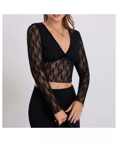 Women's Lace Mesh Tops Long Sleeve Dots Sheer Blouse Sexy Shirt High Neck See-Through Slim Fit Tee Shirts Clubwear Black G $9...