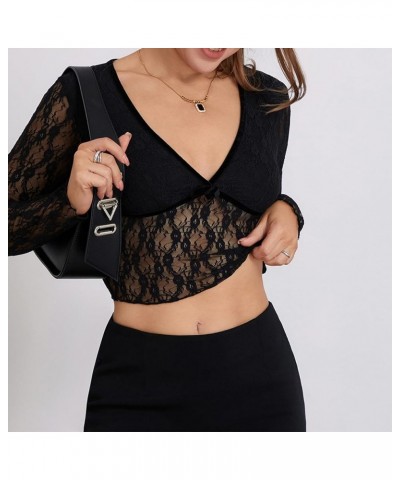 Women's Lace Mesh Tops Long Sleeve Dots Sheer Blouse Sexy Shirt High Neck See-Through Slim Fit Tee Shirts Clubwear Black G $9...