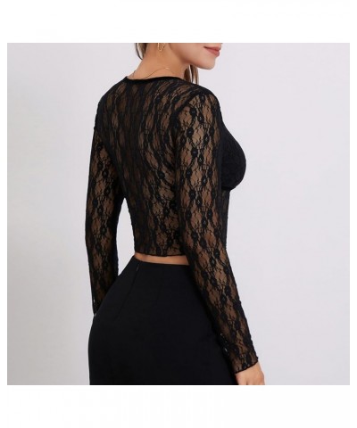 Women's Lace Mesh Tops Long Sleeve Dots Sheer Blouse Sexy Shirt High Neck See-Through Slim Fit Tee Shirts Clubwear Black G $9...