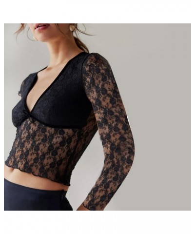 Women's Lace Mesh Tops Long Sleeve Dots Sheer Blouse Sexy Shirt High Neck See-Through Slim Fit Tee Shirts Clubwear Black G $9...