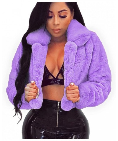 Womens Fuzzy Fleece Overcoat Open Front Cardigan Warm Jackets Short Coat with Pockets Tops Turn-Down Collar Outwear Purple -S...