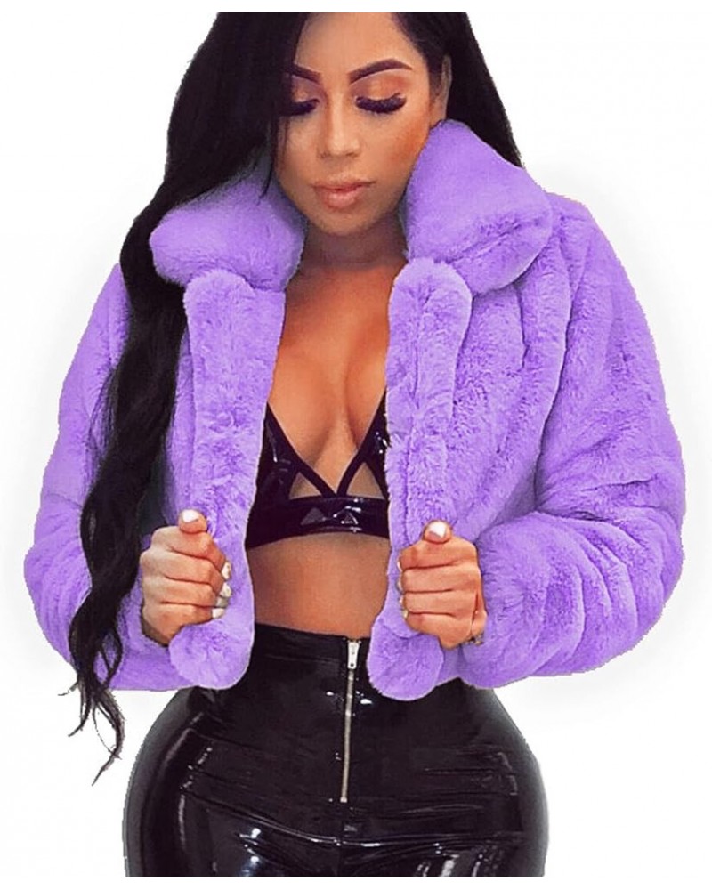 Womens Fuzzy Fleece Overcoat Open Front Cardigan Warm Jackets Short Coat with Pockets Tops Turn-Down Collar Outwear Purple -S...