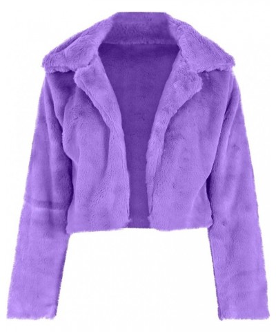 Womens Fuzzy Fleece Overcoat Open Front Cardigan Warm Jackets Short Coat with Pockets Tops Turn-Down Collar Outwear Purple -S...