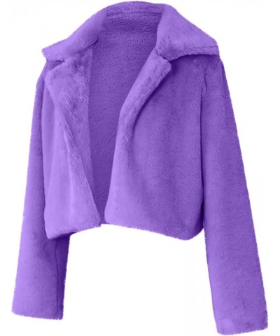 Womens Fuzzy Fleece Overcoat Open Front Cardigan Warm Jackets Short Coat with Pockets Tops Turn-Down Collar Outwear Purple -S...