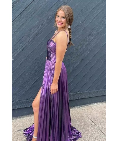 Sparkly Satin Halter Prom Dresses with Slit Long A-Line Sleeveless Formal Evening Party Dress for Women 2024 Light Blue $32.0...