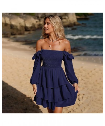 Women's Smocked Ruffle Mini Dress Square Neck Long Sleeve Party Dress Cute Cottagecore Wedding Guest Dress Blue $21.62 Dresses