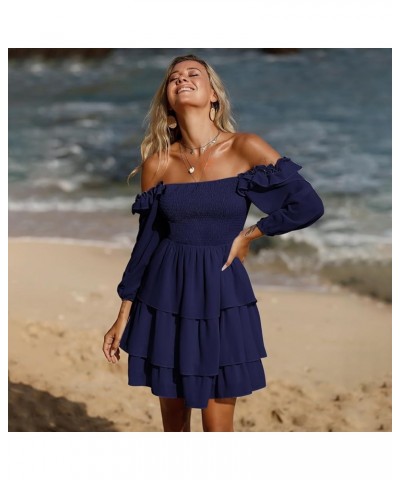 Women's Smocked Ruffle Mini Dress Square Neck Long Sleeve Party Dress Cute Cottagecore Wedding Guest Dress Blue $21.62 Dresses