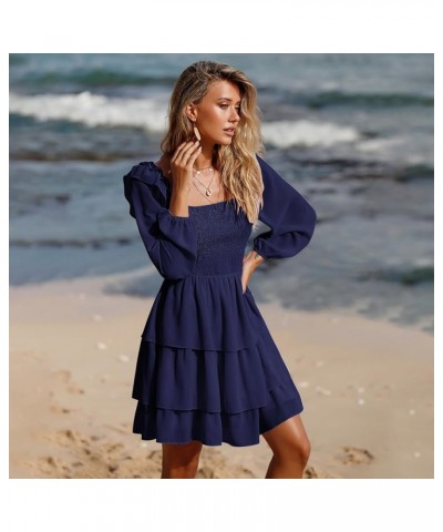 Women's Smocked Ruffle Mini Dress Square Neck Long Sleeve Party Dress Cute Cottagecore Wedding Guest Dress Blue $21.62 Dresses