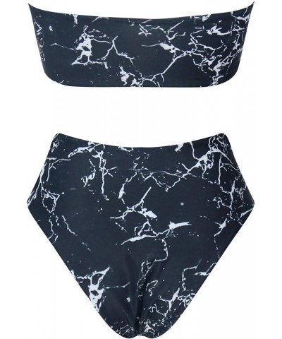 Women's 2 Pieces Bandeau Bikini Swimsuits Off Shoulder High Waist Bathing Suit High Cut Black Marble $12.32 Swimsuits