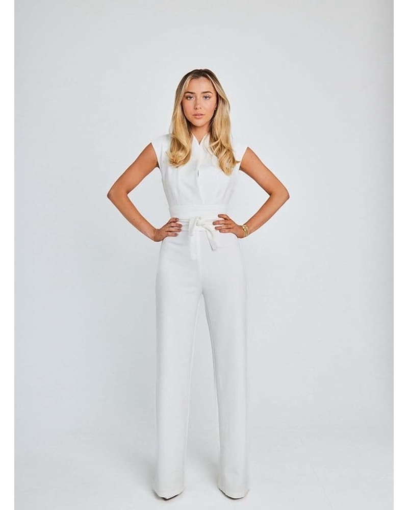 Casual V Neck Overall Jumpsuit Women Spring Solid Tie-up Bow Outfit Romper Summer Sleeveless Straight Pants Playsuit (Color :...