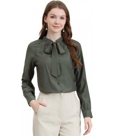 Women's Work Office Tops Bow Tie Neck Button Decor Casual 2024 Spring Long Sleeve Shirt Blouses Grey Green $10.50 Blouses