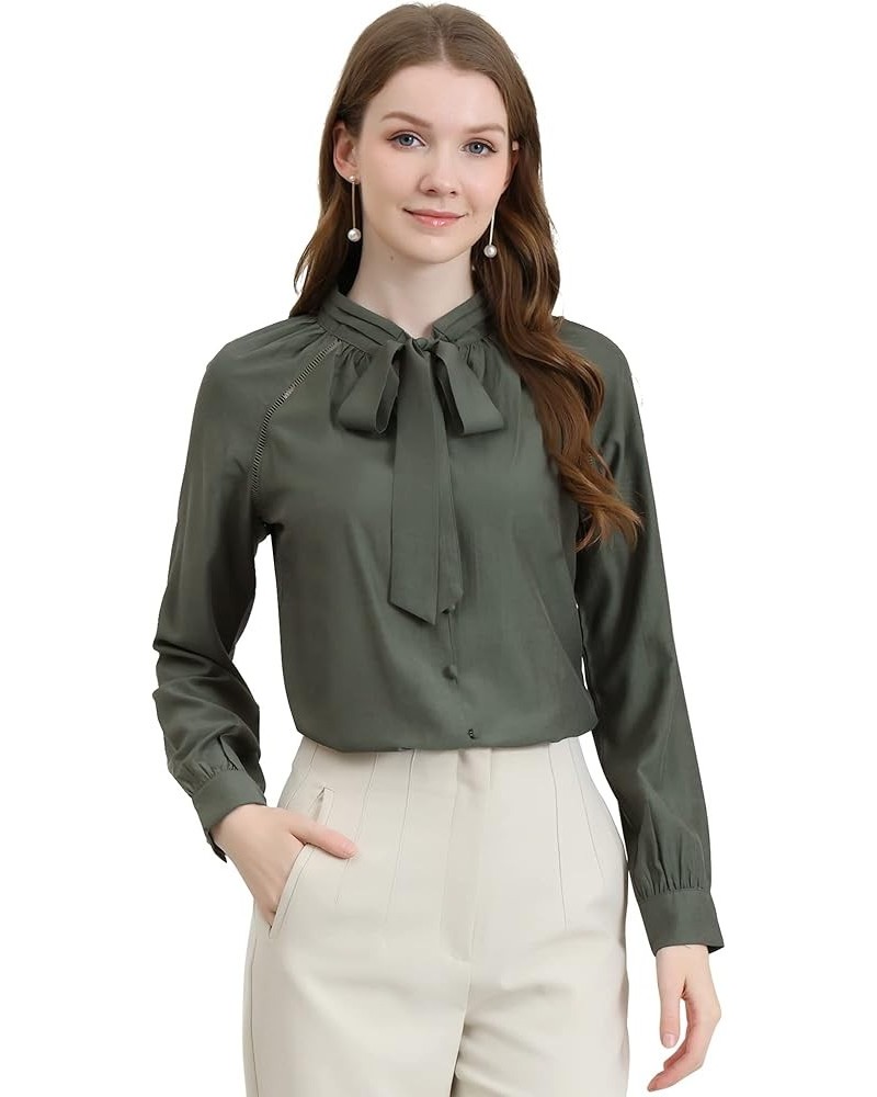 Women's Work Office Tops Bow Tie Neck Button Decor Casual 2024 Spring Long Sleeve Shirt Blouses Grey Green $10.50 Blouses