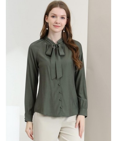 Women's Work Office Tops Bow Tie Neck Button Decor Casual 2024 Spring Long Sleeve Shirt Blouses Grey Green $10.50 Blouses