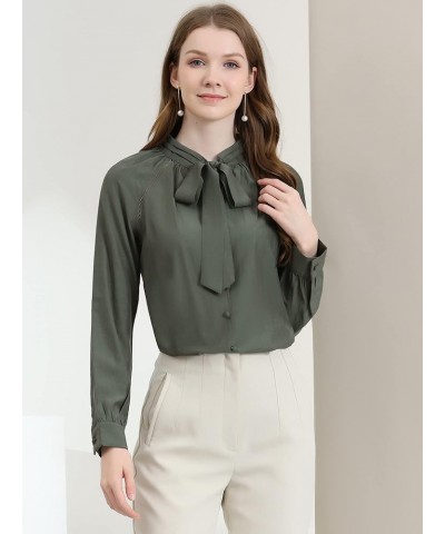 Women's Work Office Tops Bow Tie Neck Button Decor Casual 2024 Spring Long Sleeve Shirt Blouses Grey Green $10.50 Blouses