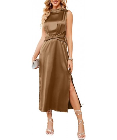 2023 Satin Dress for Women Wedding Guest Mock Neck Sleeveless Twist Front Slit Elastic Waist Cocktail Midi Dresses Khaki $20....