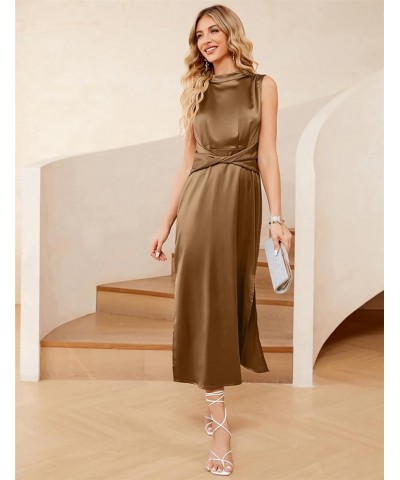 2023 Satin Dress for Women Wedding Guest Mock Neck Sleeveless Twist Front Slit Elastic Waist Cocktail Midi Dresses Khaki $20....