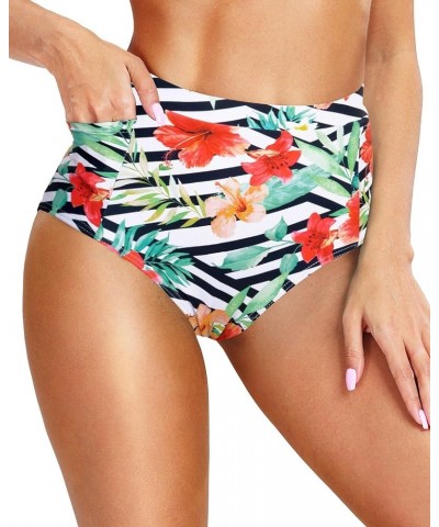 Women's High Waisted Bikini Bottom Full Coverage Tummy Control Swimusuit Bottom with Pockets Floral $17.39 Swimsuits