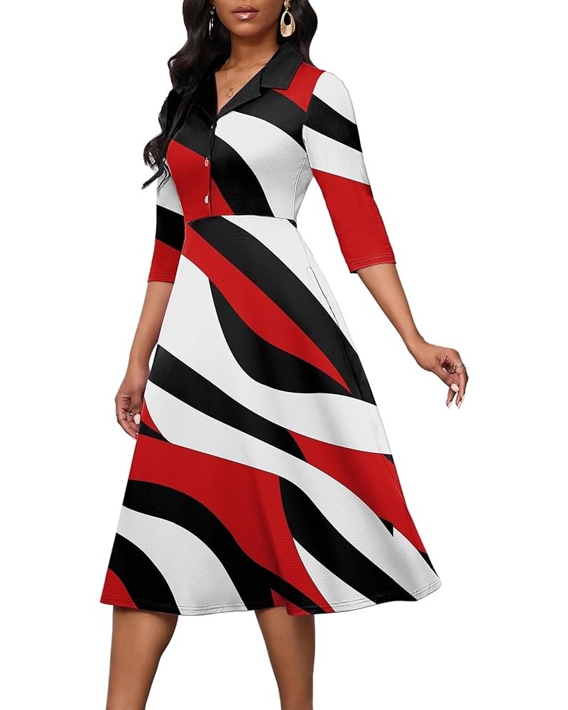 Women's Dress 3/4 Sleeves V Neck Cocktail Party Midi Dress High Waisted 2024 Formal Dress with Pocket Red & Black Stripes $21...