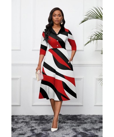 Women's Dress 3/4 Sleeves V Neck Cocktail Party Midi Dress High Waisted 2024 Formal Dress with Pocket Red & Black Stripes $21...