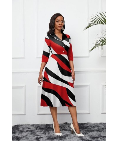 Women's Dress 3/4 Sleeves V Neck Cocktail Party Midi Dress High Waisted 2024 Formal Dress with Pocket Red & Black Stripes $21...