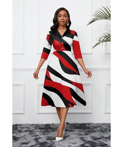 Women's Dress 3/4 Sleeves V Neck Cocktail Party Midi Dress High Waisted 2024 Formal Dress with Pocket Red & Black Stripes $21...