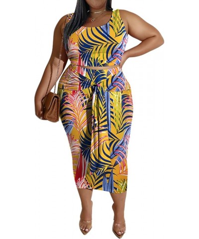 Women's Sexy Plus Size 2 Piece Midi Dress Outfits Crew Neck Sleeveless Tank Top Bodycon Skirts Set Yellow $15.83 Others