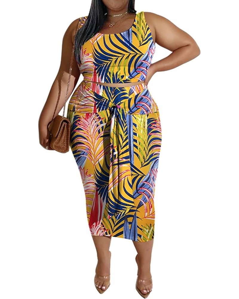 Women's Sexy Plus Size 2 Piece Midi Dress Outfits Crew Neck Sleeveless Tank Top Bodycon Skirts Set Yellow $15.83 Others