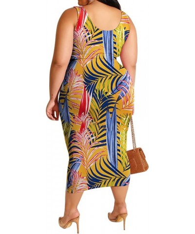 Women's Sexy Plus Size 2 Piece Midi Dress Outfits Crew Neck Sleeveless Tank Top Bodycon Skirts Set Yellow $15.83 Others