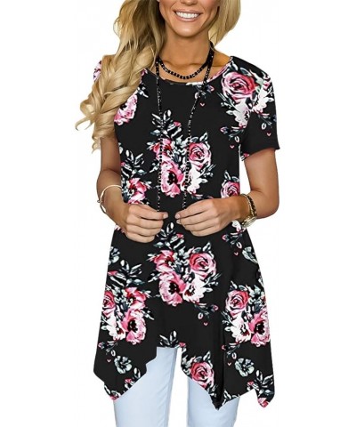 Womens Summer Short Sleeve Floral Print Irregular Hem Loose Fit Tunic Tops Black $14.26 Tops