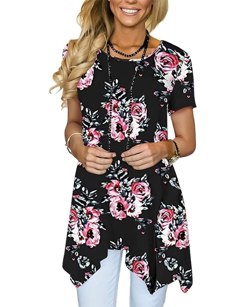 Womens Summer Short Sleeve Floral Print Irregular Hem Loose Fit Tunic Tops Black $14.26 Tops