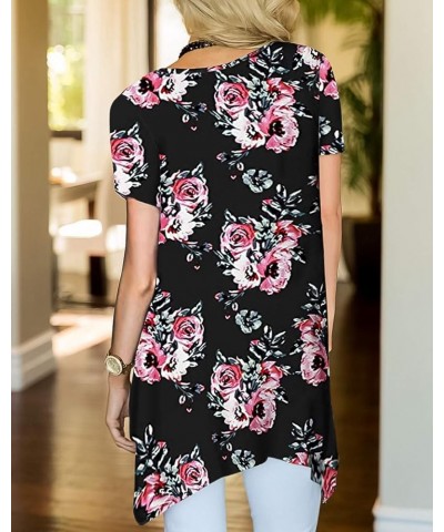 Womens Summer Short Sleeve Floral Print Irregular Hem Loose Fit Tunic Tops Black $14.26 Tops