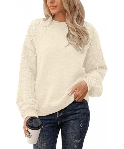 Women's Chunky Sweater Crewneck Sweatshirt Knit Lantern Sleeve Oversized Pullover Sweater with Pearls Beige $22.79 Sweaters