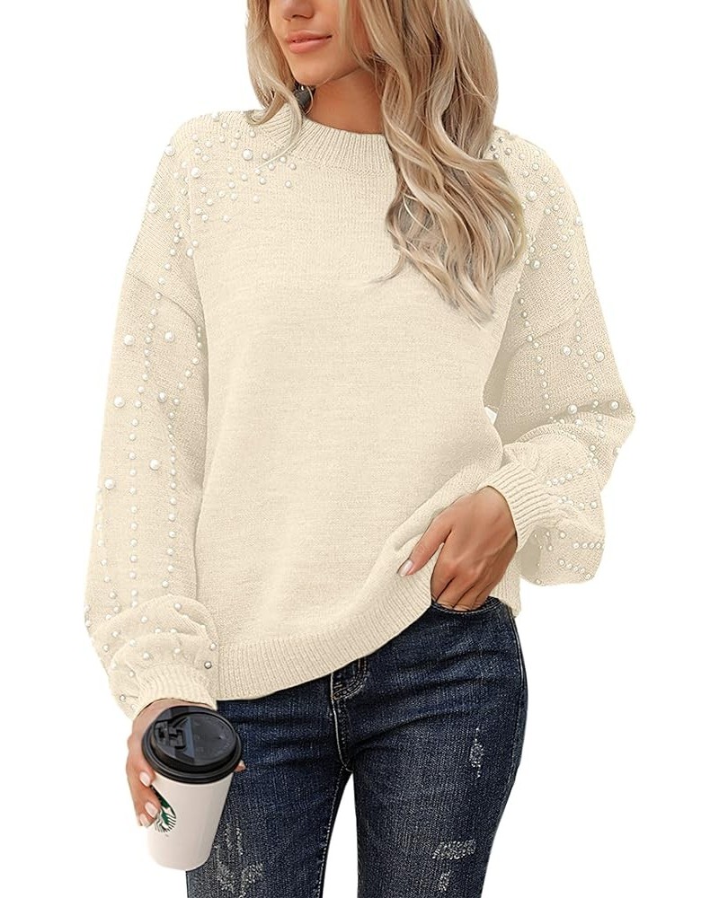 Women's Chunky Sweater Crewneck Sweatshirt Knit Lantern Sleeve Oversized Pullover Sweater with Pearls Beige $22.79 Sweaters