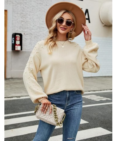 Women's Chunky Sweater Crewneck Sweatshirt Knit Lantern Sleeve Oversized Pullover Sweater with Pearls Beige $22.79 Sweaters