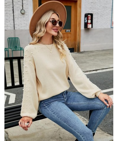 Women's Chunky Sweater Crewneck Sweatshirt Knit Lantern Sleeve Oversized Pullover Sweater with Pearls Beige $22.79 Sweaters