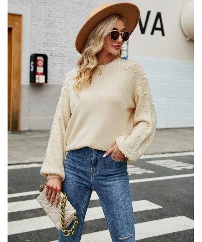 Women's Chunky Sweater Crewneck Sweatshirt Knit Lantern Sleeve Oversized Pullover Sweater with Pearls Beige $22.79 Sweaters