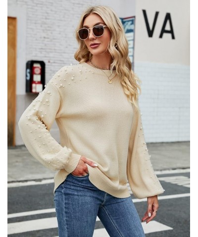 Women's Chunky Sweater Crewneck Sweatshirt Knit Lantern Sleeve Oversized Pullover Sweater with Pearls Beige $22.79 Sweaters