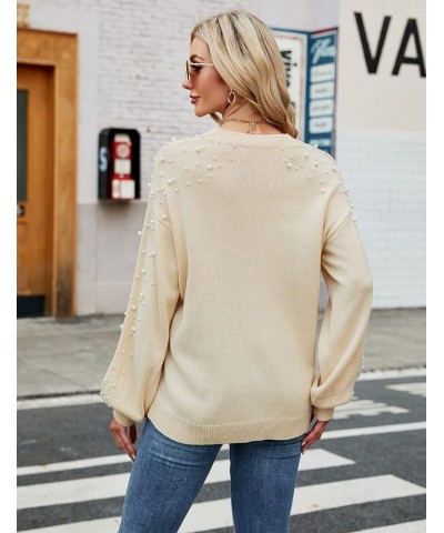 Women's Chunky Sweater Crewneck Sweatshirt Knit Lantern Sleeve Oversized Pullover Sweater with Pearls Beige $22.79 Sweaters