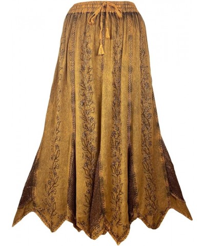 Women's Bohemian Peasant Embroidered Long Flared Hem Stone Washed Maxi Skirt Regular Plus Size 2X 3X Old Gold $33.58 Skirts