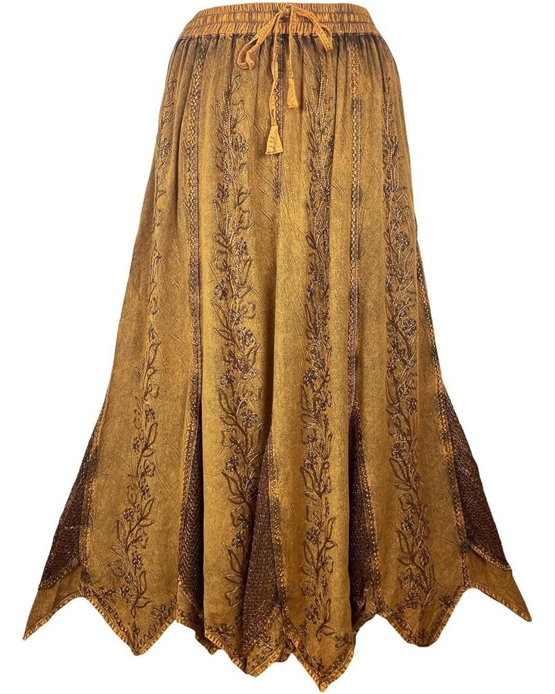 Women's Bohemian Peasant Embroidered Long Flared Hem Stone Washed Maxi Skirt Regular Plus Size 2X 3X Old Gold $33.58 Skirts