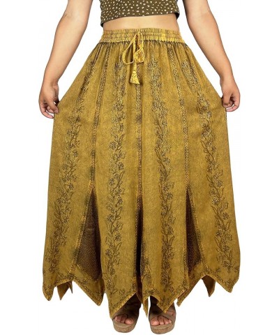 Women's Bohemian Peasant Embroidered Long Flared Hem Stone Washed Maxi Skirt Regular Plus Size 2X 3X Old Gold $33.58 Skirts