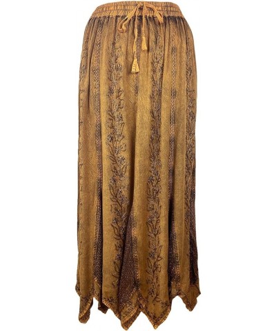 Women's Bohemian Peasant Embroidered Long Flared Hem Stone Washed Maxi Skirt Regular Plus Size 2X 3X Old Gold $33.58 Skirts