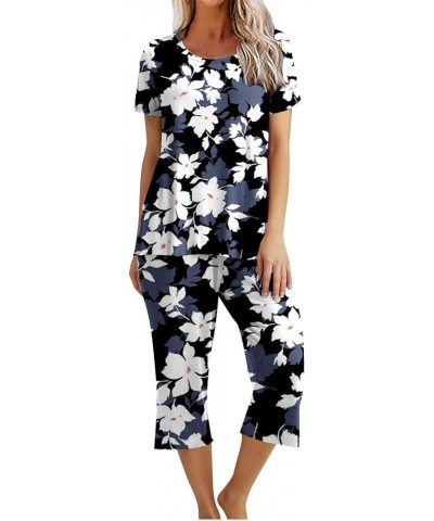 Women's Pajama Set - Sleepwear Tops with Capri Pants Casual Cute Prints Matching Pajama Set Two-Piece Pjs Lounge Sets A 38_bl...