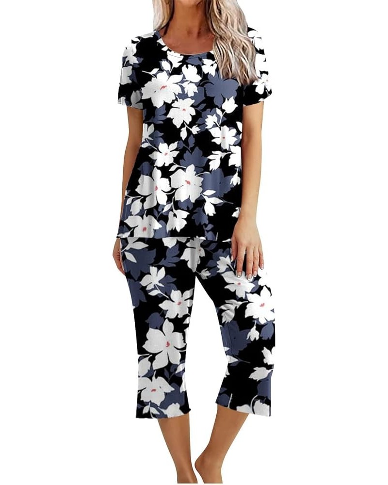 Women's Pajama Set - Sleepwear Tops with Capri Pants Casual Cute Prints Matching Pajama Set Two-Piece Pjs Lounge Sets A 38_bl...