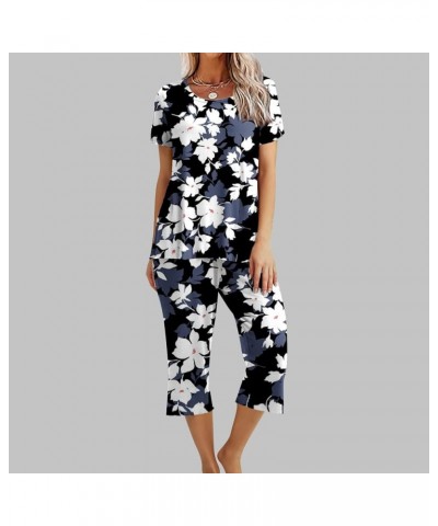 Women's Pajama Set - Sleepwear Tops with Capri Pants Casual Cute Prints Matching Pajama Set Two-Piece Pjs Lounge Sets A 38_bl...