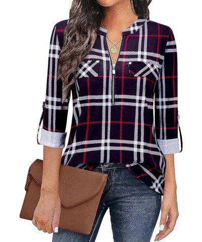 Women's Zip Front V-Neck 3/4 Sleeve Tunic Casual Top Black Plaid $18.23 Sweaters