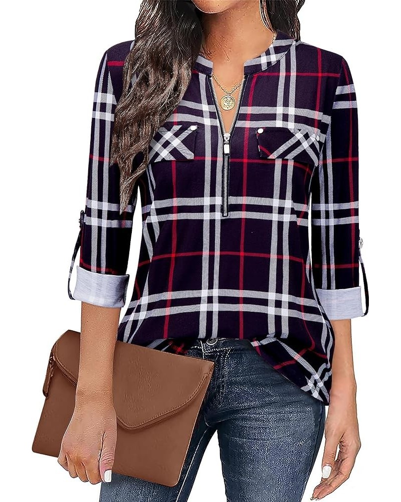 Women's Zip Front V-Neck 3/4 Sleeve Tunic Casual Top Black Plaid $18.23 Sweaters