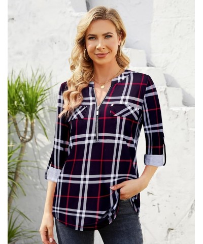 Women's Zip Front V-Neck 3/4 Sleeve Tunic Casual Top Black Plaid $18.23 Sweaters