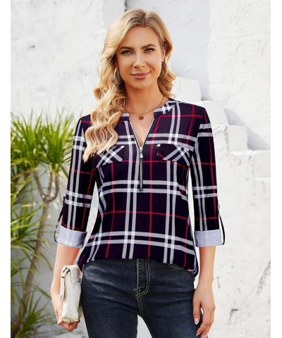 Women's Zip Front V-Neck 3/4 Sleeve Tunic Casual Top Black Plaid $18.23 Sweaters